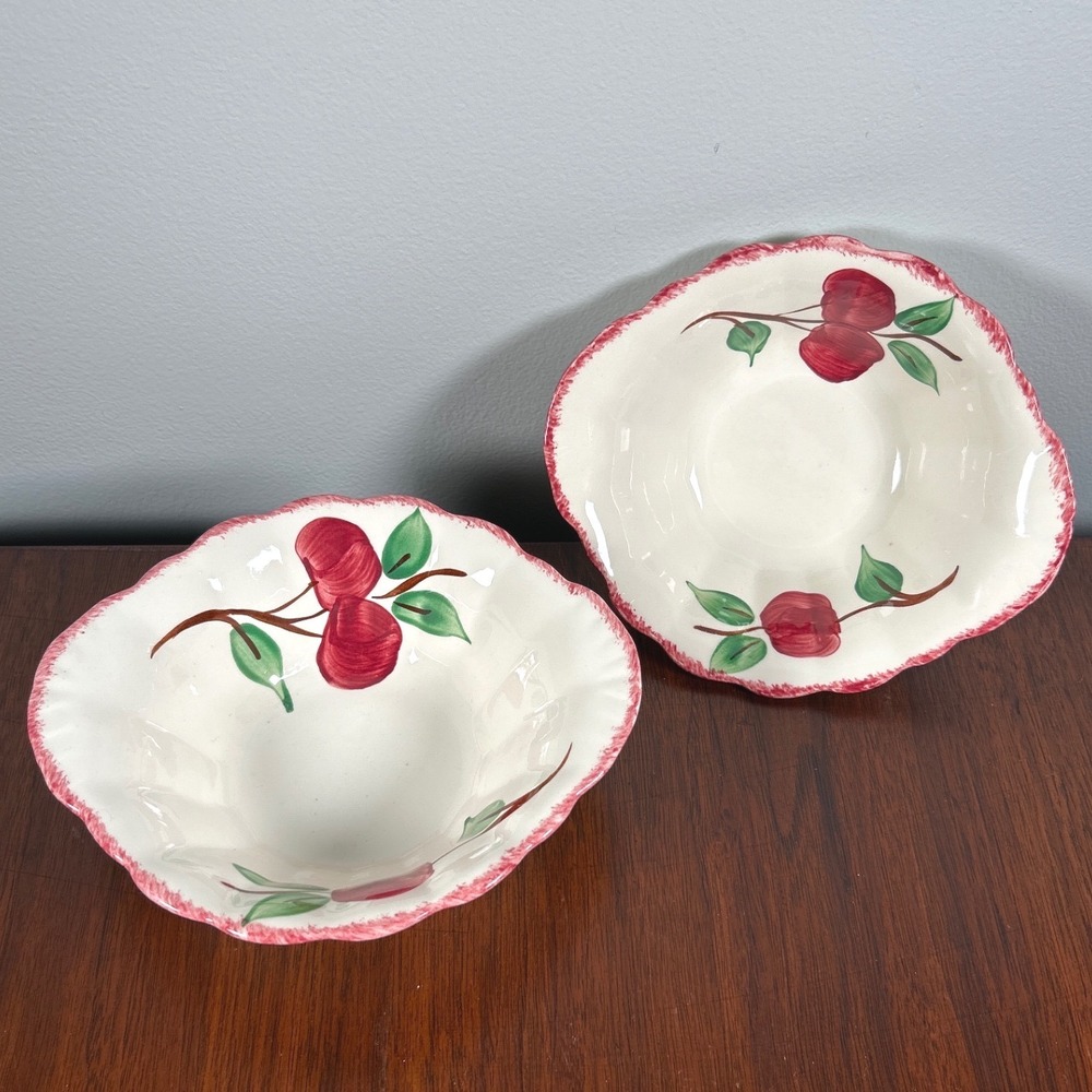 Blue Ridge Southern Potteries Red Apple Scalloped Bowls Hand Painted Farm TWO